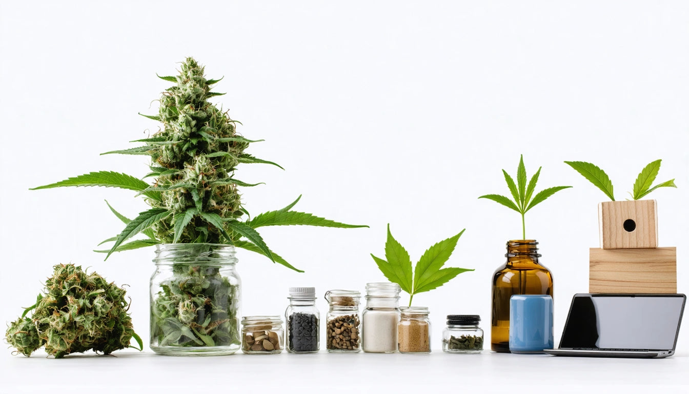 Glass jars with herbs and seeds, large plant, brown bottle with leaves, wooden blocks, and smartphone on white background