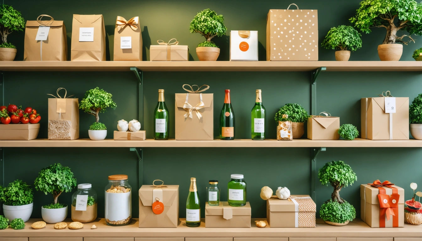 Shelves with gift-wrapped boxes, bottles, potted plants, and jars against a green wall