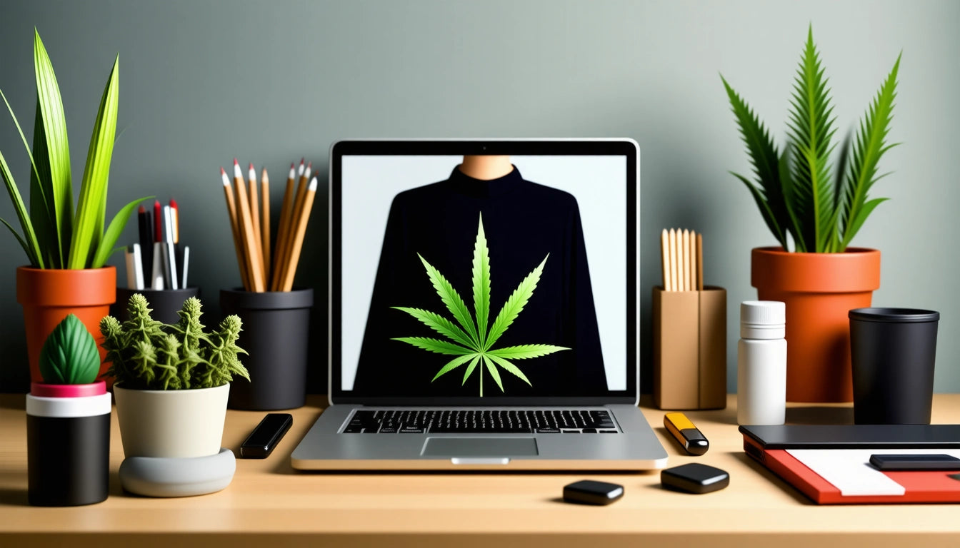 Laptop on desk displaying a large green leaf on screen, surrounded by potted plants, pencils, and office supplies