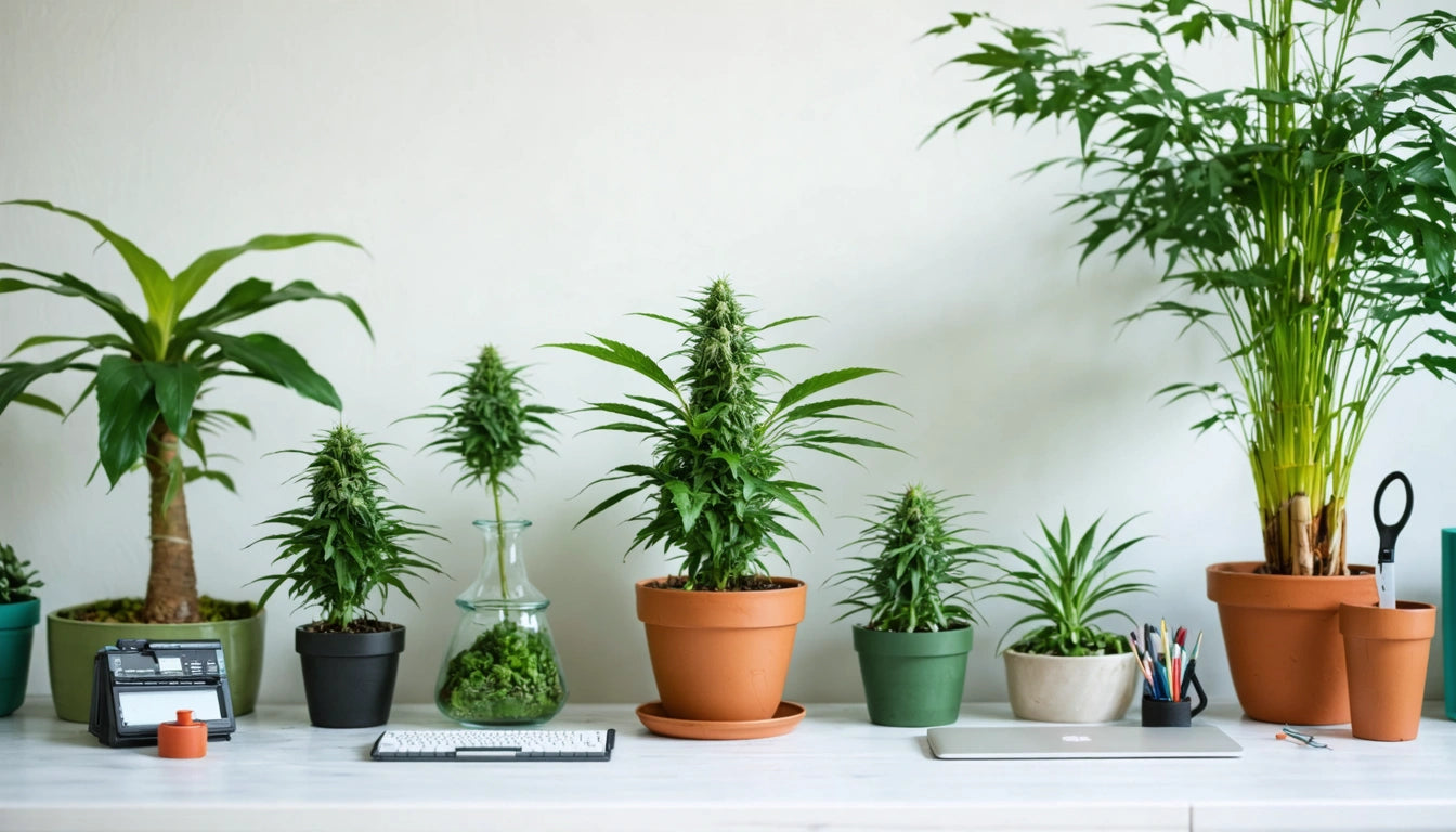 Various potted plants on a white table, including tall and small leafy plants in different colored pots