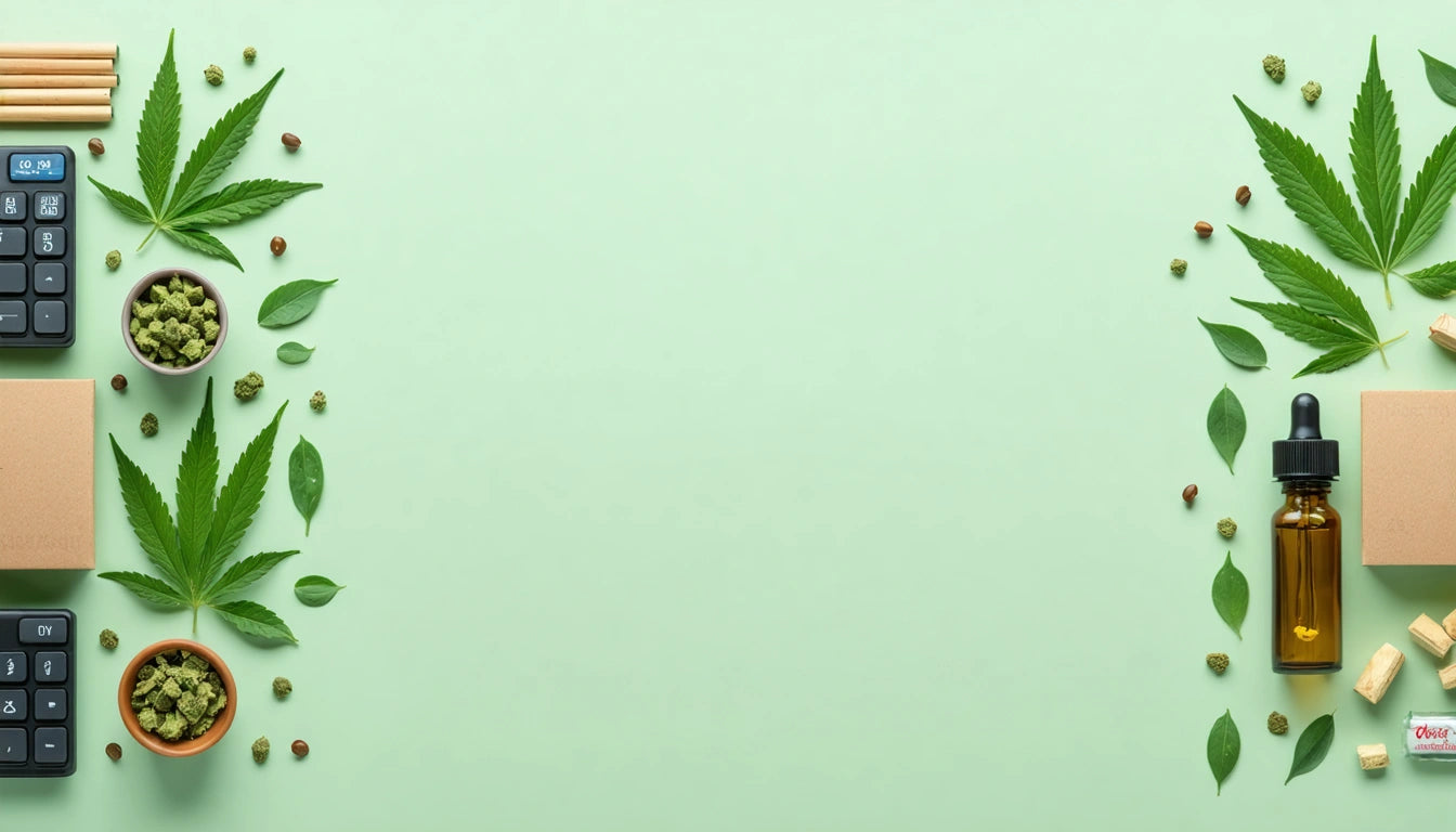 Calculator, cannabis leaves, seeds, dropper bottle, and capsules arranged on a light green background