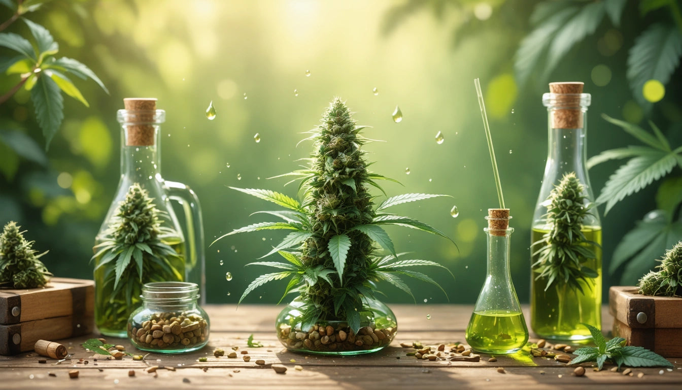 Glass bottles with green liquid and cannabis plants on wooden table, sunlight filtering through leaves in background