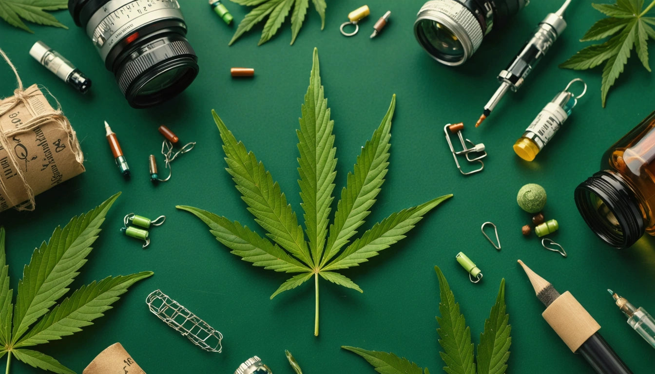 Green cannabis leaf centered on green surface, surrounded by camera lenses, pills, syringes, and small objects