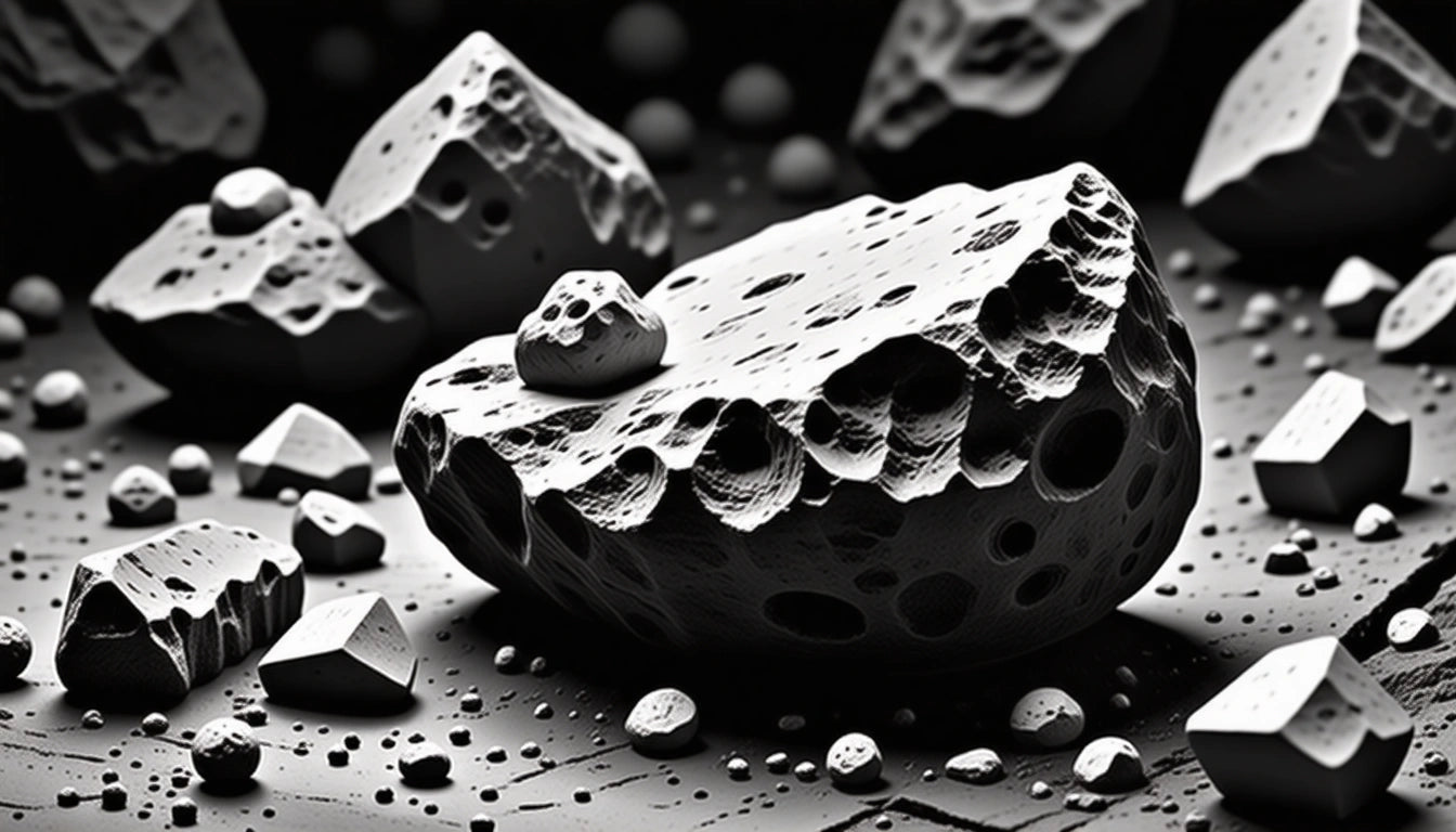 Rough, textured rocks and pebbles scattered on a surface, with shadows creating depth and contrast in grayscale tones