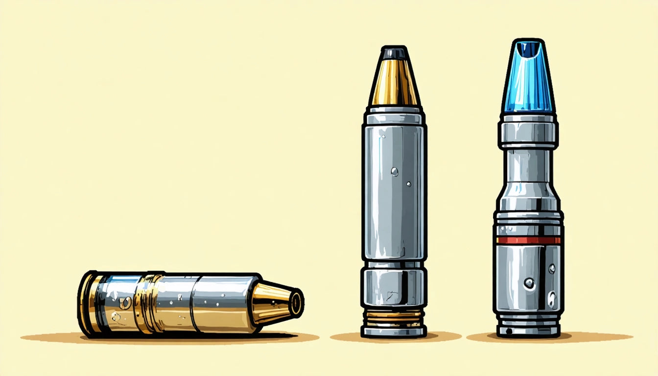 Three metallic cartridges on a light background; two standing upright, one lying down. Each has distinct colors and details