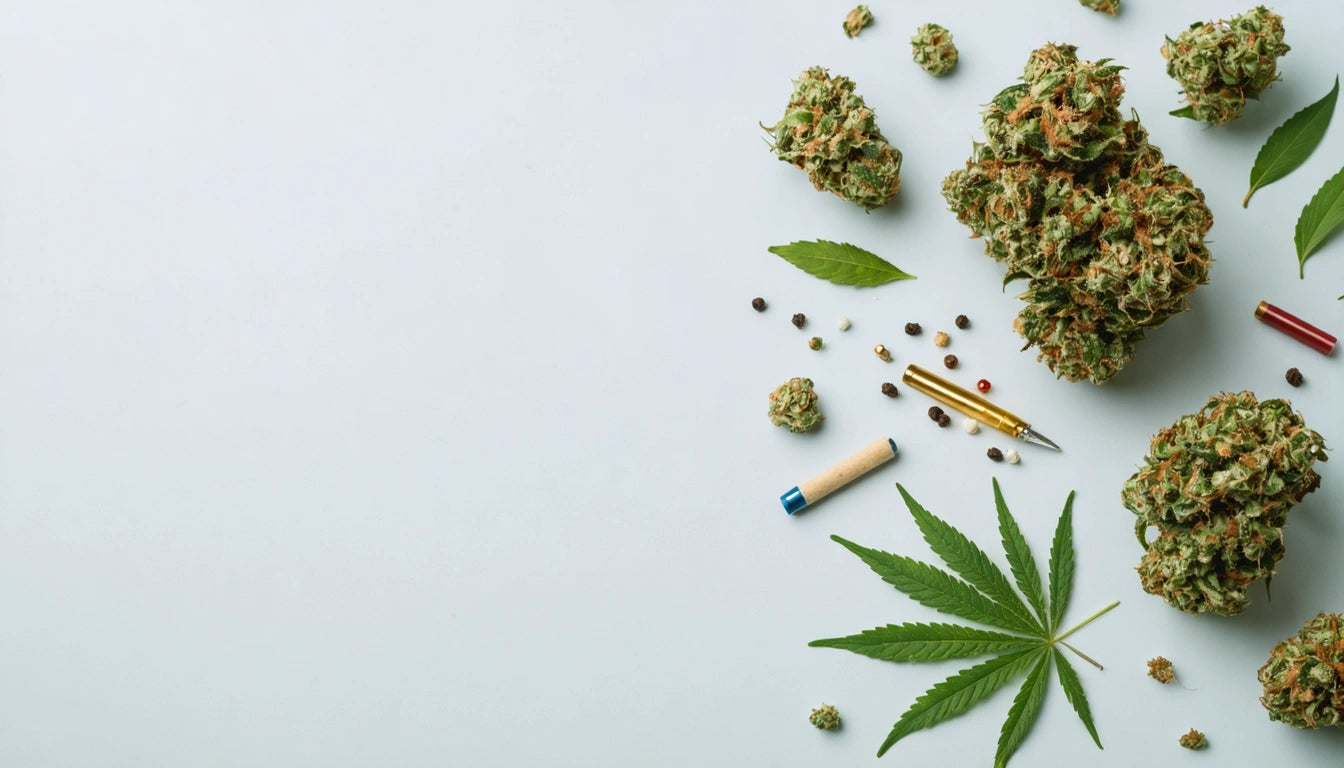 Cannabis buds, leaves, seeds, and a joint scattered on a light surface