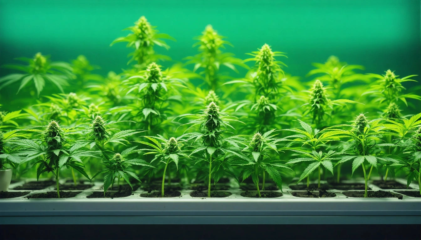 Rows of green plants with pointed leaves and buds under bright lighting, set against a green background