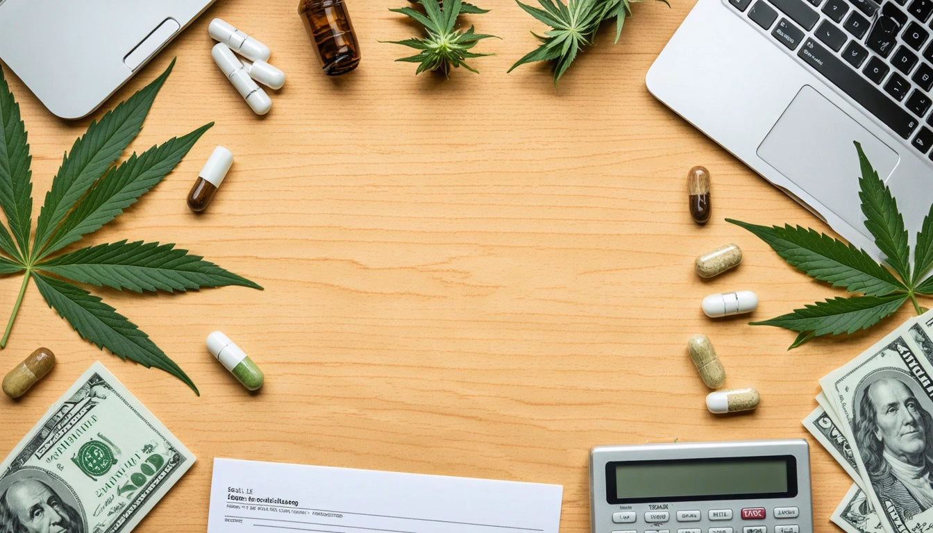 Laptops, cannabis leaves, pills, cash, calculator, and bottles arranged on a wooden surface