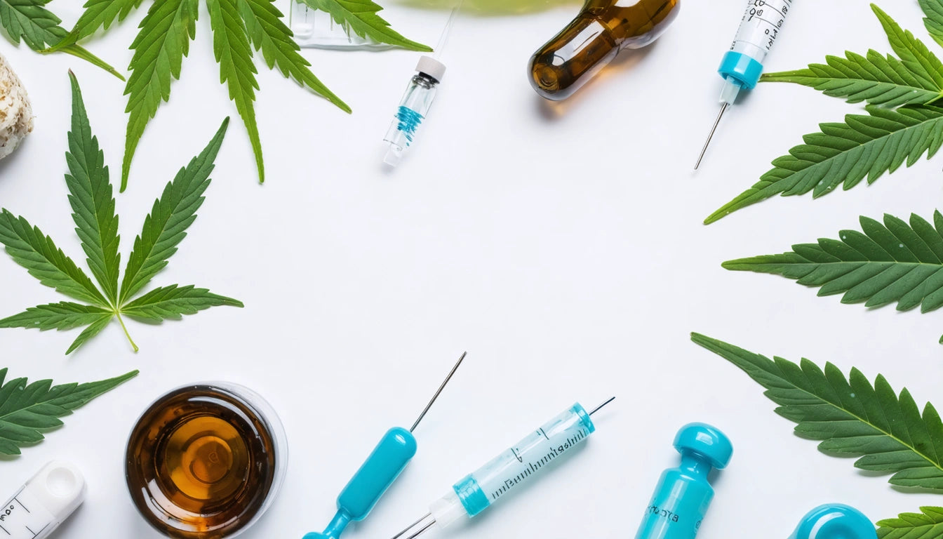 Green cannabis leaves, syringes, and amber glass bottle arranged on white background