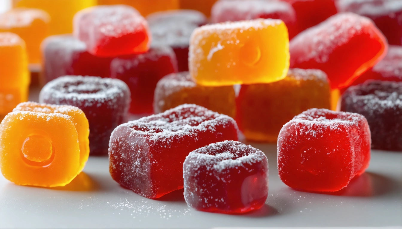 Colorful gummy candies dusted with sugar, in shades of red, orange, and yellow, scattered on a white surface