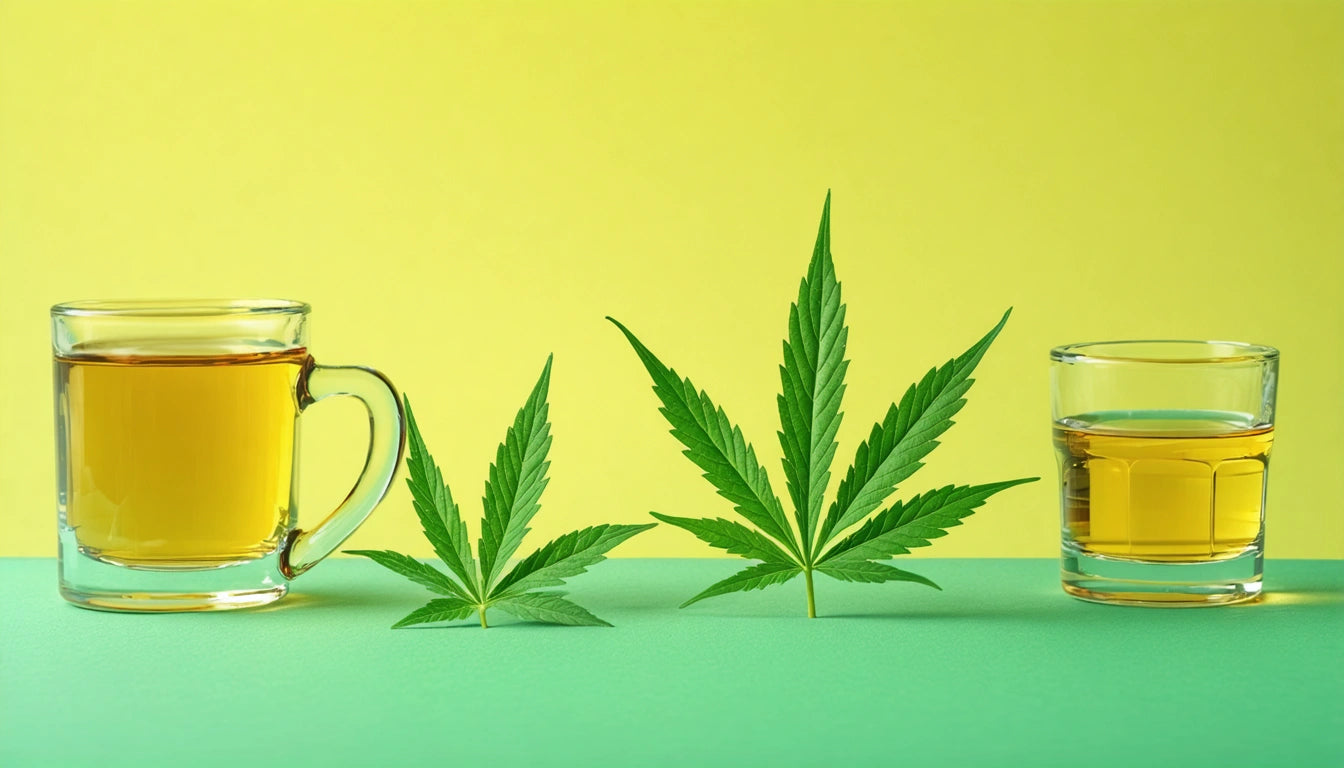Glass mug with tea, two green leaves, and a glass of amber liquid on green surface with yellow background