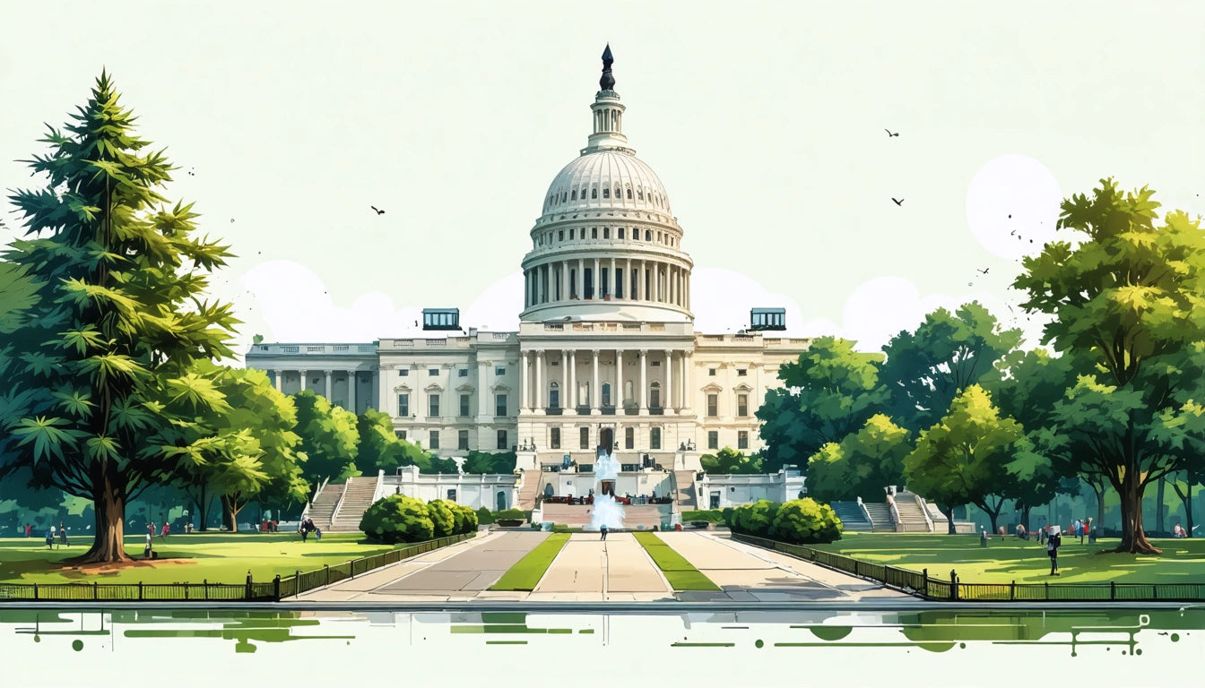 White domed building with columns, surrounded by trees and a wide pathway, under a clear sky with a few birds