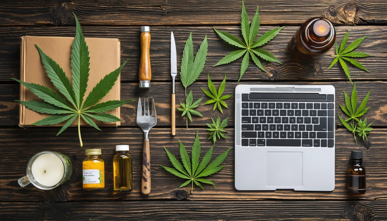 Laptop on wooden table surrounded by cannabis leaves, bottles, a candle, and utensils