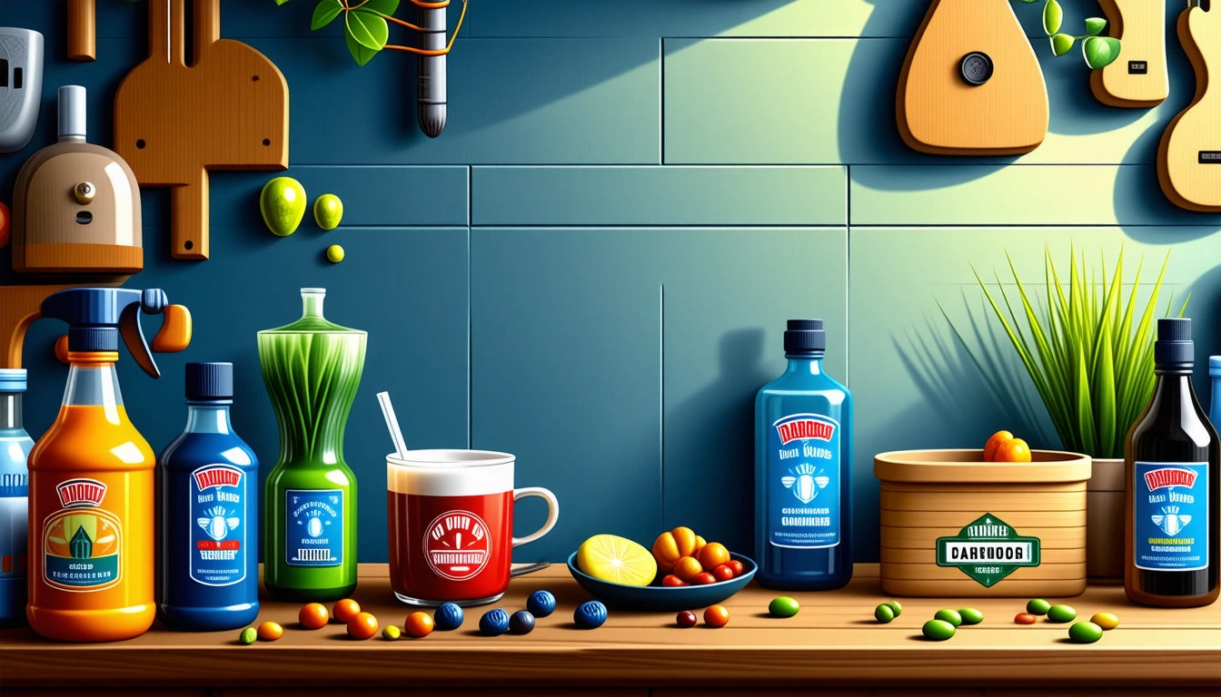 Bottles and a mug on a wooden counter with fruits, a lemon slice, and a plant under bright lighting