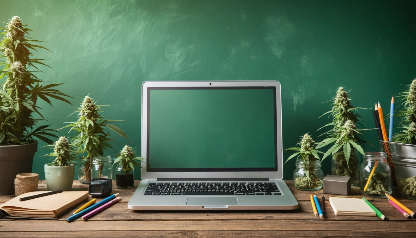 Open laptop on wooden desk, surrounded by potted plants, notebooks, and colorful pencils against a green chalkboard background