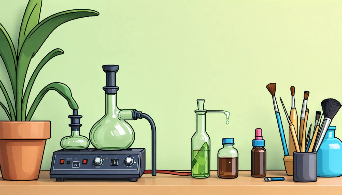 Potted plant and chemistry set with glass flasks, bottles, and brushes on a wooden table against a light green wall