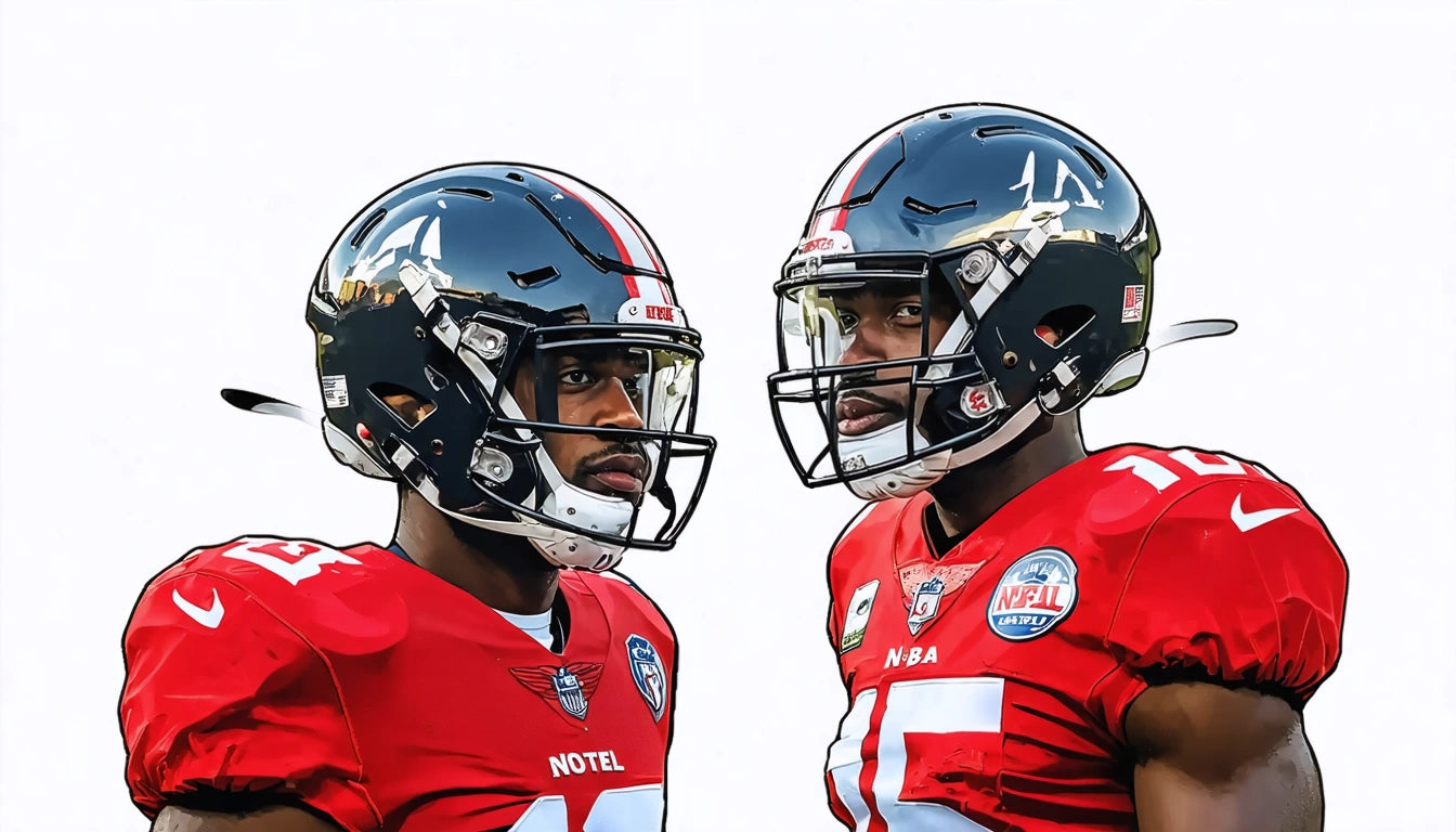 Two football players in red jerseys and helmets facing each other against a white background