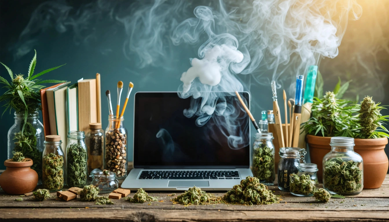 Laptop on wooden table surrounded by jars of herbs, paintbrushes, books, and smoke rising in front of a dark background