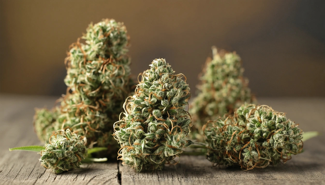 Green, dense plant buds with orange strands on a wooden surface, blurred brown background