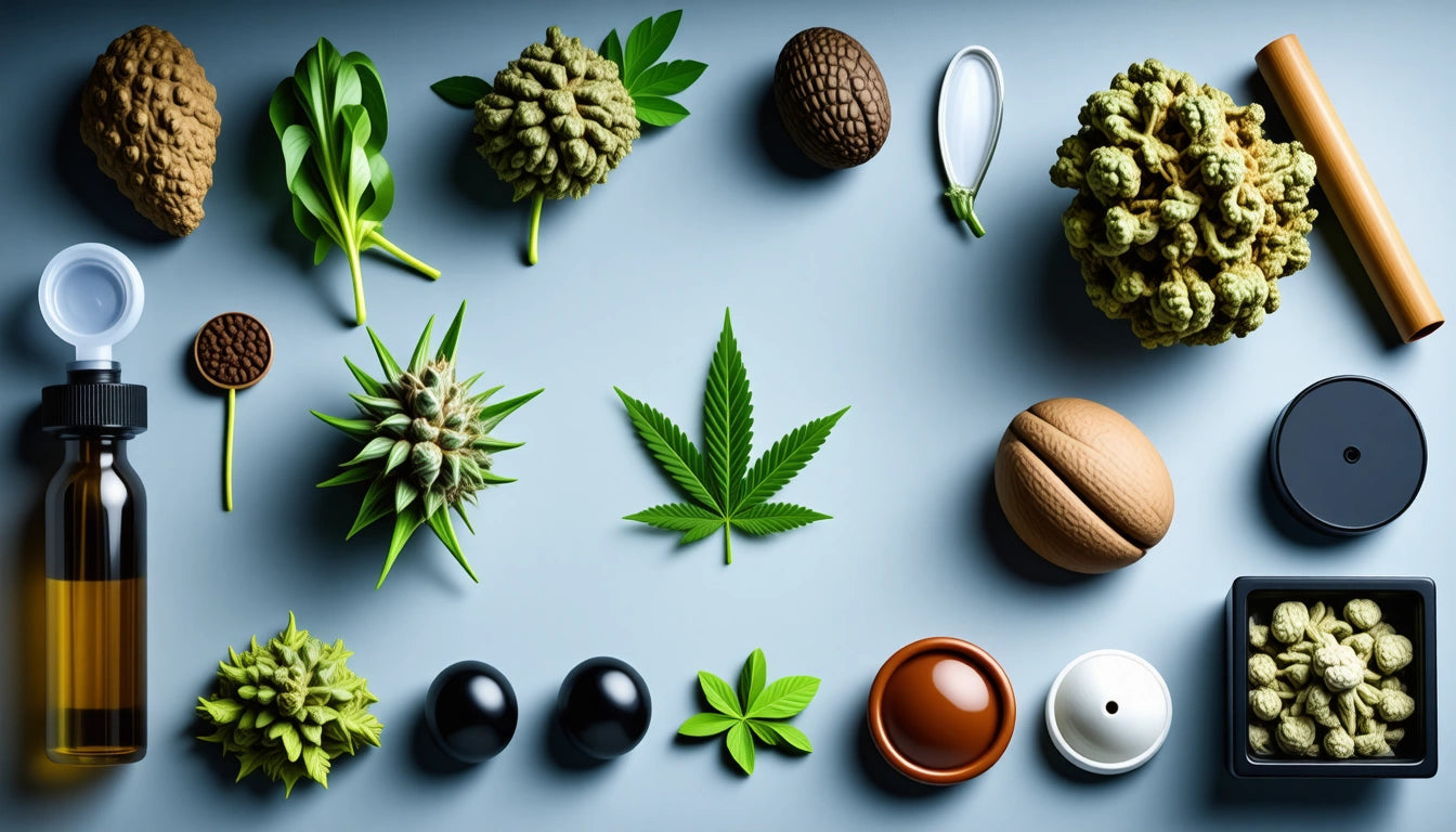 Various cannabis-related items arranged on a gray surface, including leaves, buds, a dropper bottle, and round containers