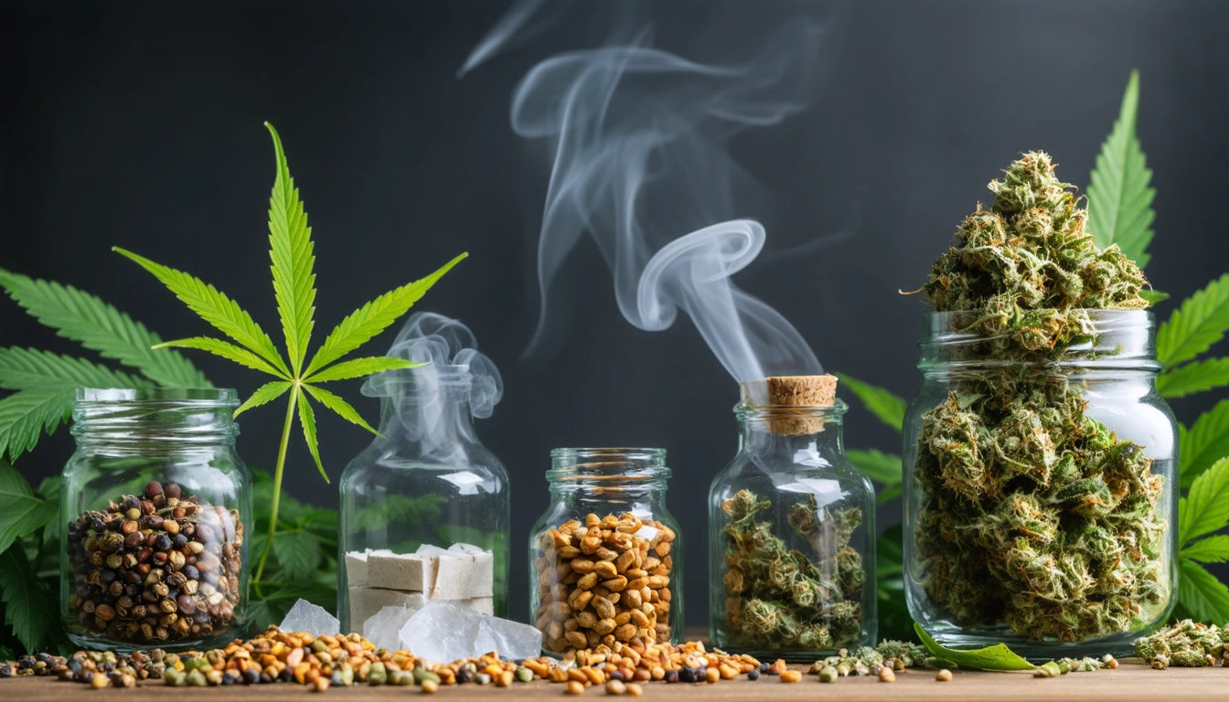 Glass jars with seeds, sugar cubes, and dried herbs; large cannabis leaf and smoke trails in the background