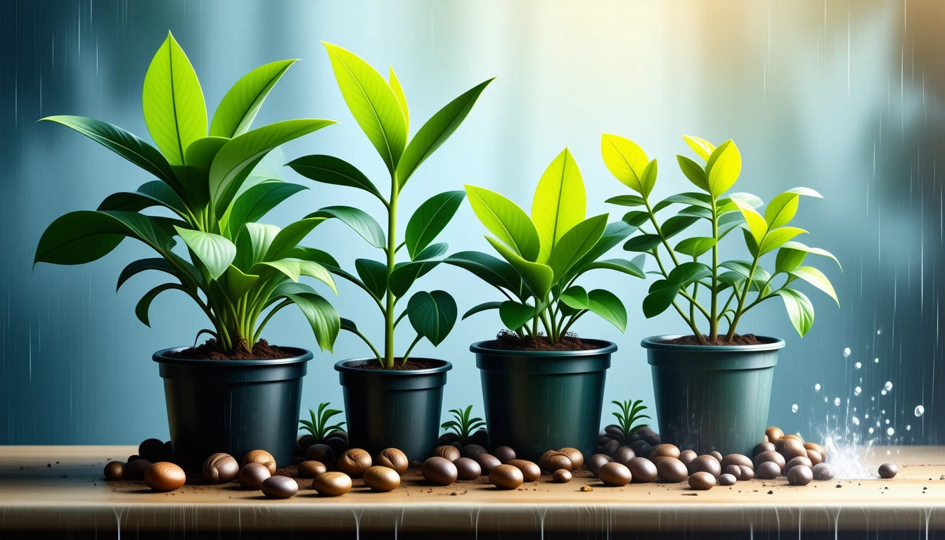 Four potted plants with green leaves on a wooden surface, surrounded by scattered seeds, with a blurred background