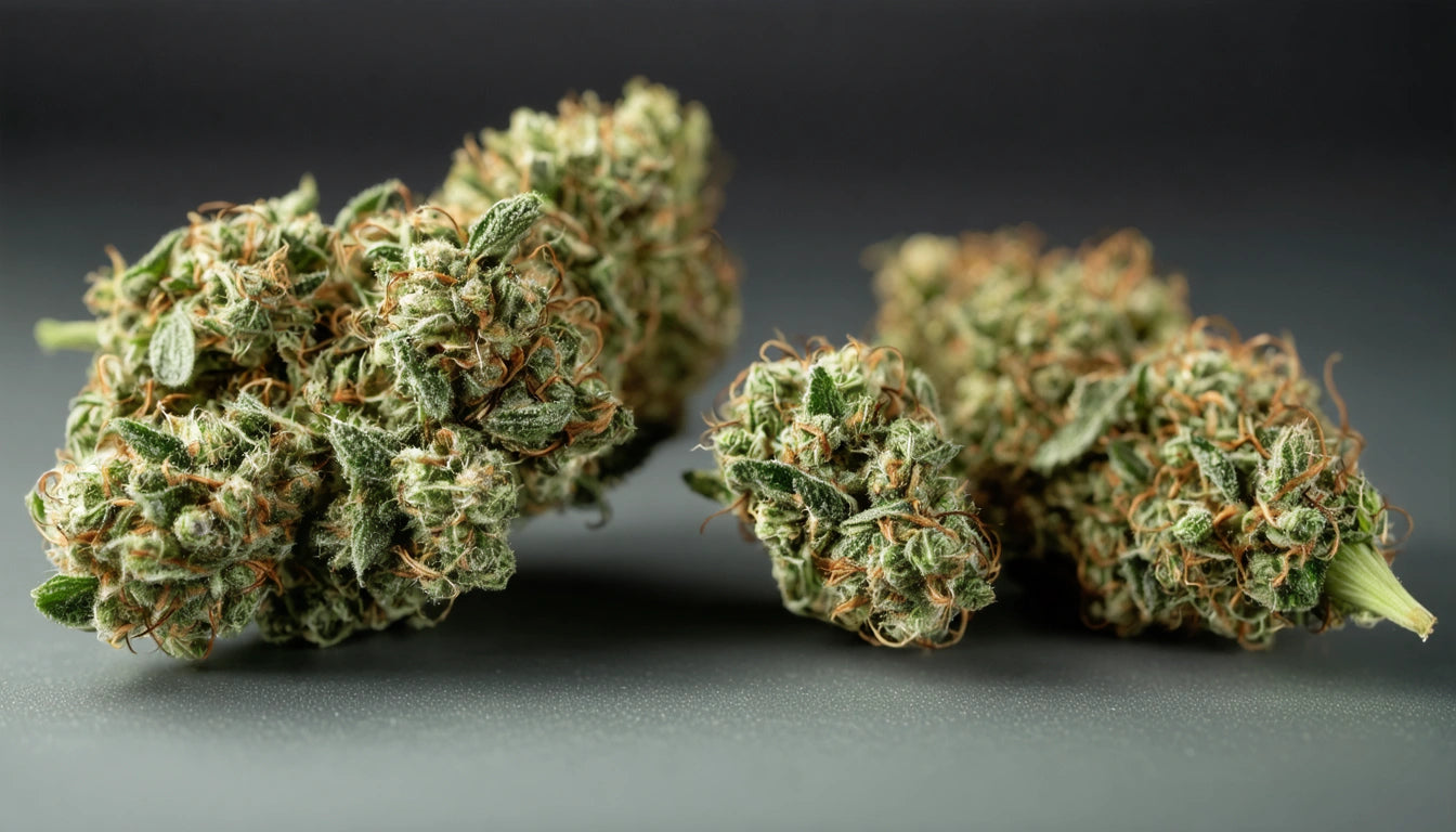 Three dense, green and orange buds with textured surfaces on a gray background