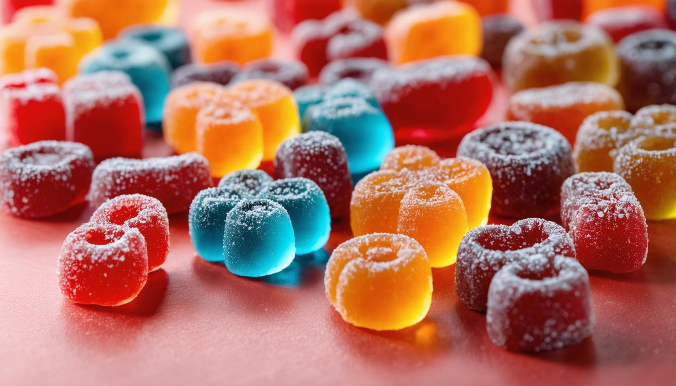 Colorful gummy candies with sugar coating scattered on a pink surface, featuring red, orange, blue, and yellow hues