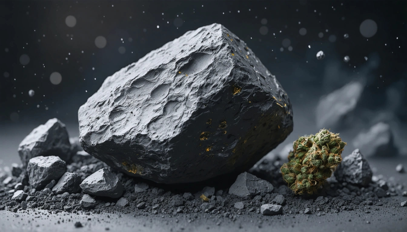 Large gray rock with rough texture surrounded by smaller stones, green plant on the right, dark background with floating particles