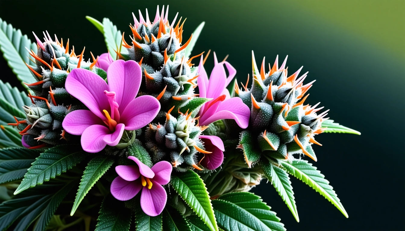 Purple flowers with spiky orange-tipped buds and green leaves against a dark green background