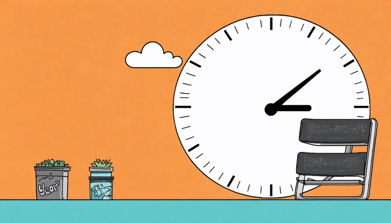 Large white clock with black hands, small cloud, potted plants, and stacked chairs against an orange background