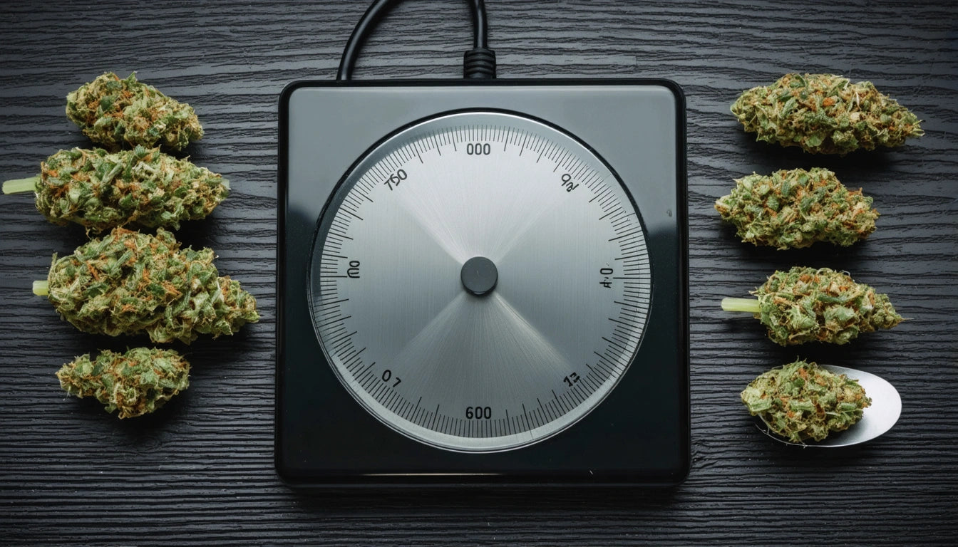 Black digital scale with a round dial, surrounded by clusters of green and orange plant buds on a dark textured surface