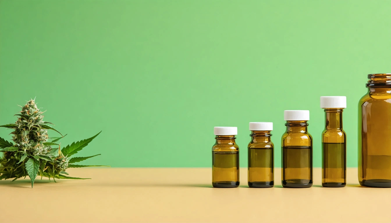 Four brown glass bottles with white caps, arranged by size, on a beige surface; green plant on left, green background