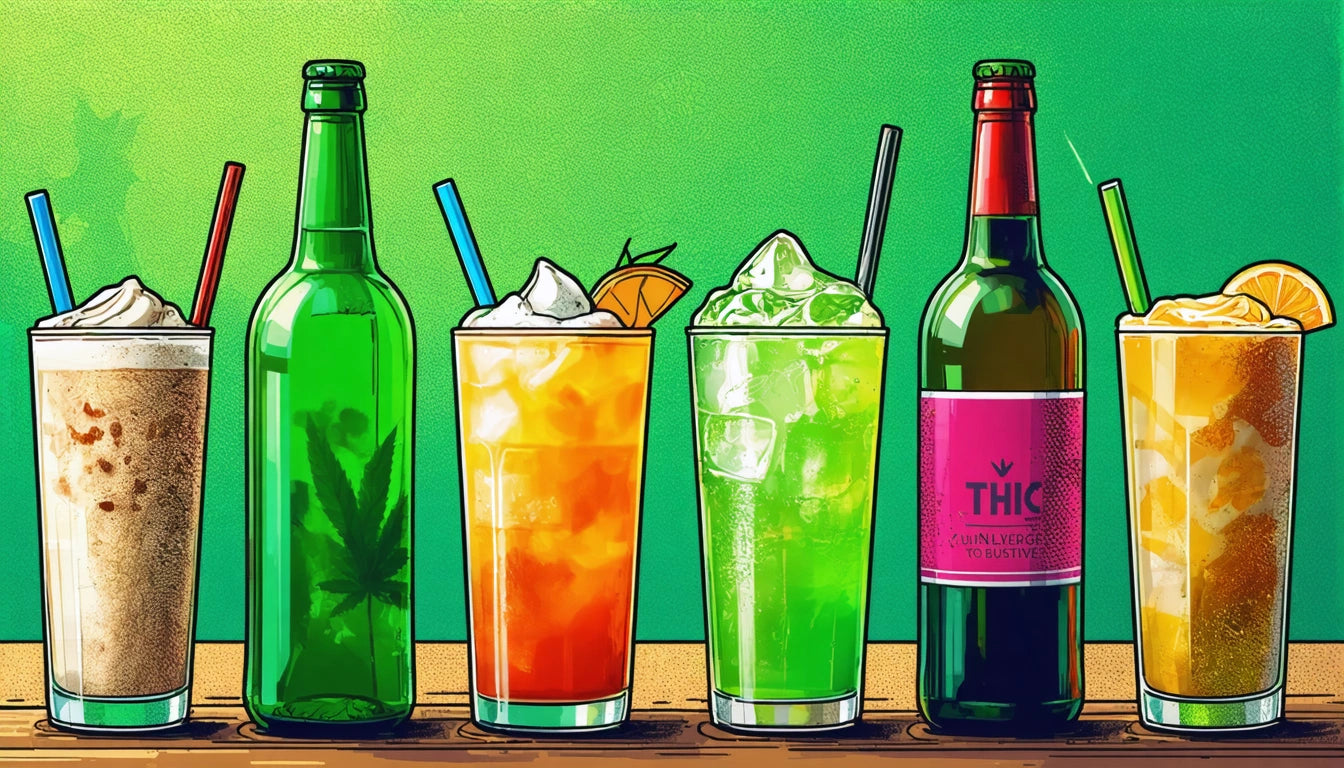 Five colorful drinks in glasses and bottles on a wooden surface, each with a straw, against a green gradient background
