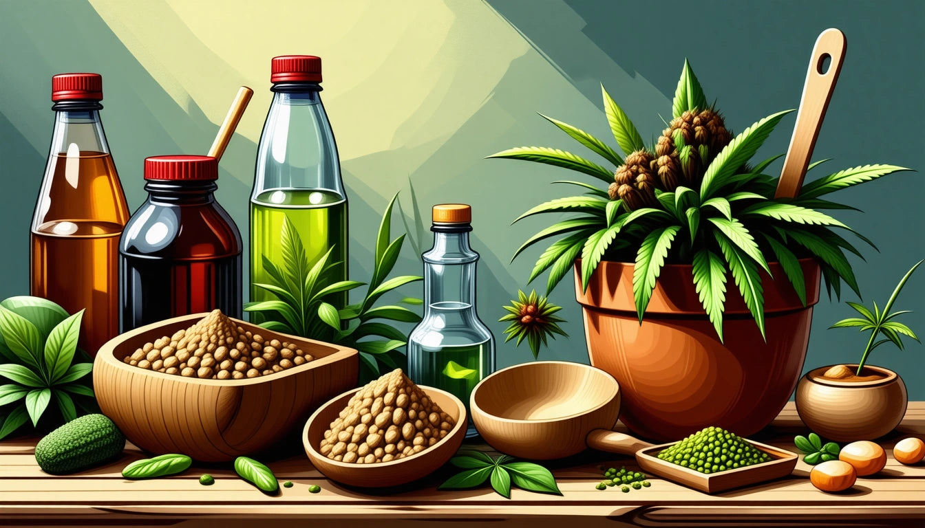 Bottles of oil, wooden bowls with seeds, potted plant with spiky leaves, small wooden scoop, and scattered seeds on wooden table