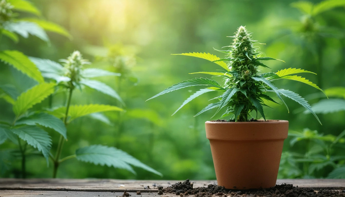Potted plant with green leaves and buds on wooden surface, soil scattered, blurred greenery in background, sunlight filtering through