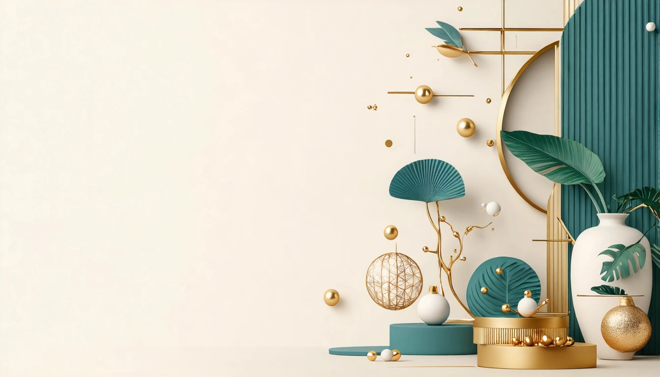 Abstract arrangement with teal and gold geometric shapes, leaves, and spheres on a light background
