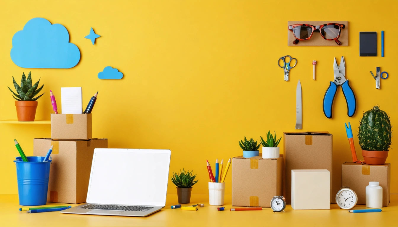 Laptop on yellow desk surrounded by cardboard boxes, potted plants, office supplies, and tools against a yellow wall