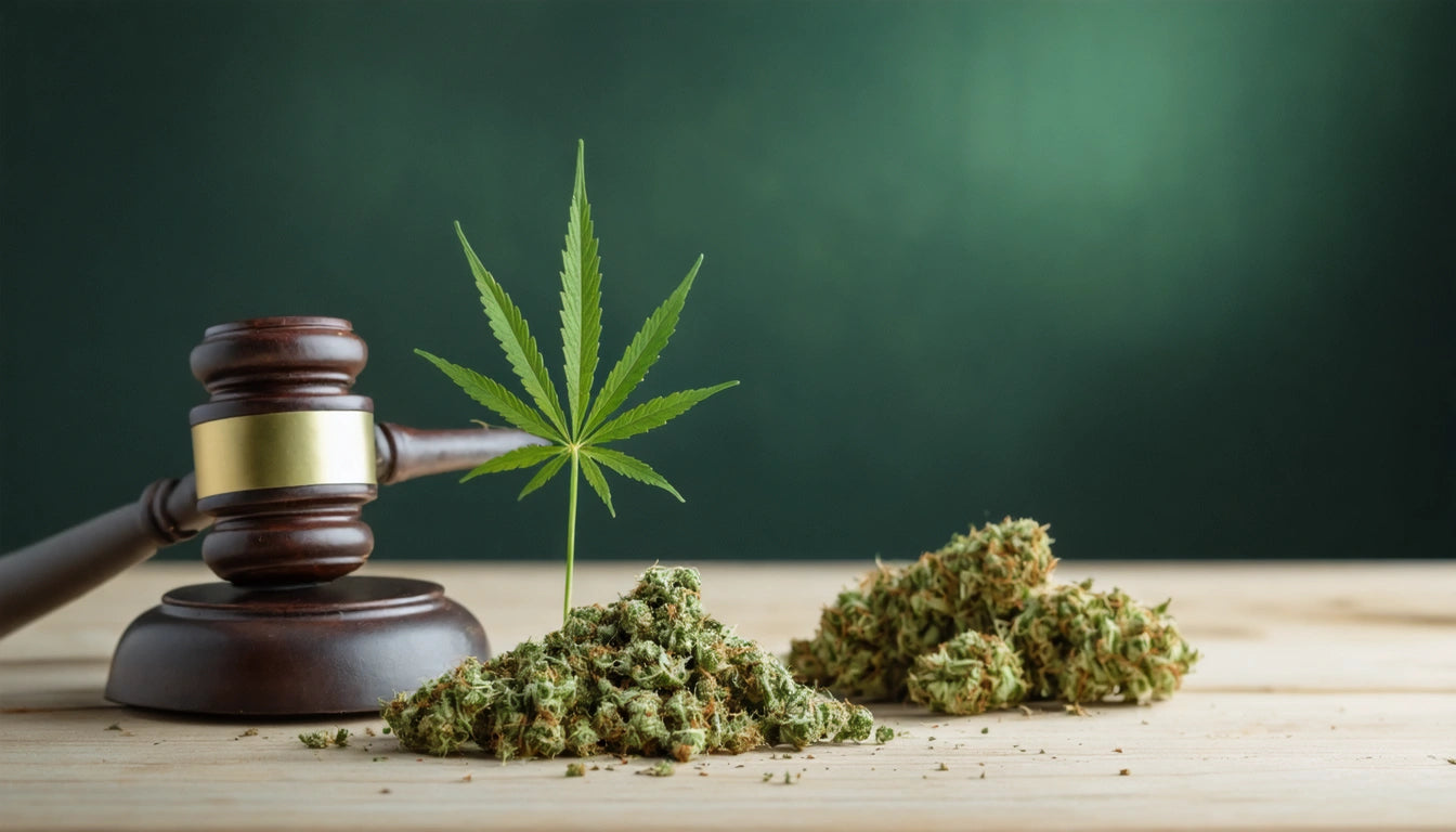 Gavel next to cannabis leaf and piles of buds on wooden surface, green gradient background