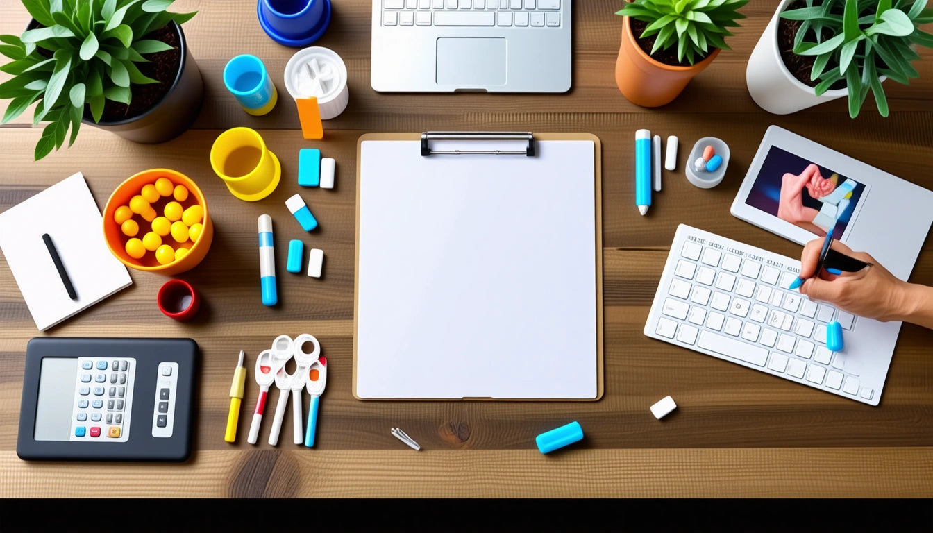 Wooden desk with a clipboard, laptop, potted plants, colorful containers, scattered pens, and a hand typing on a keyboard
