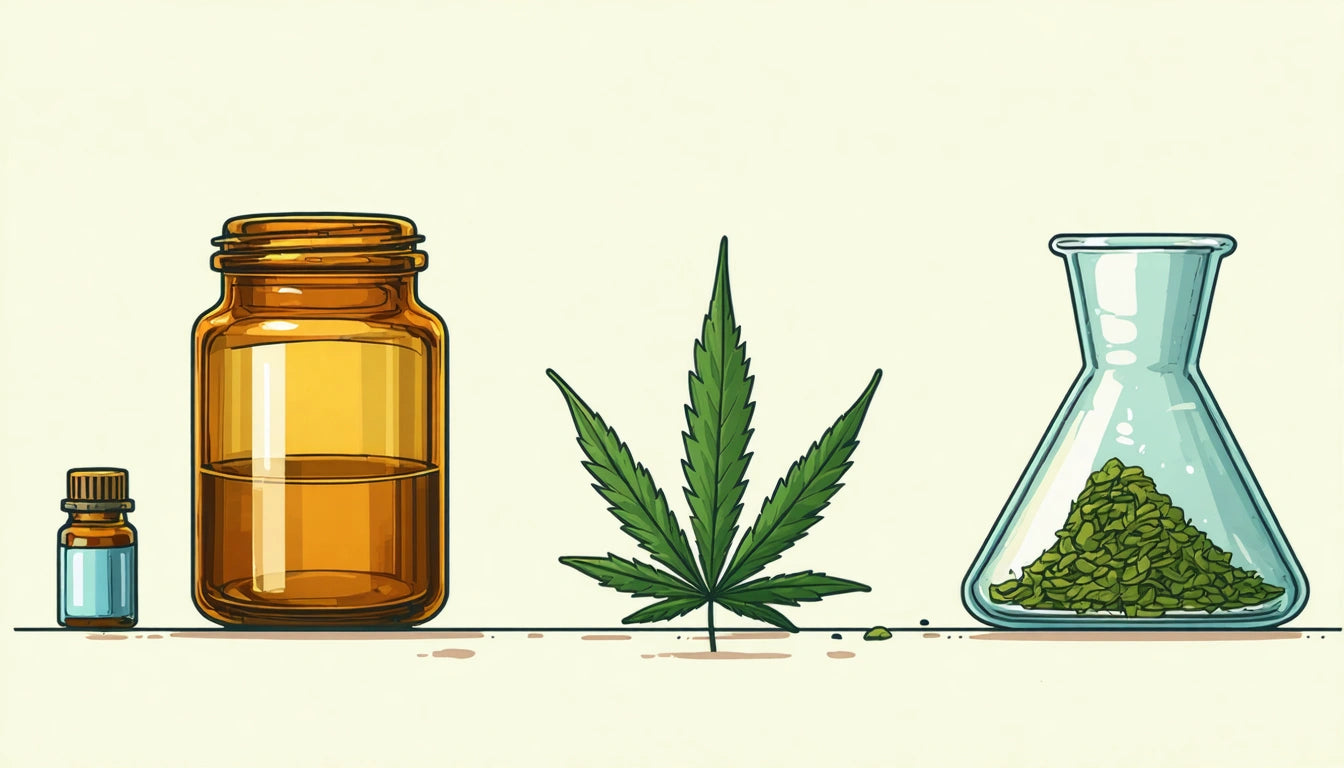 Small blue vial, large amber jar, green leaf, and glass flask with green substance on a light background