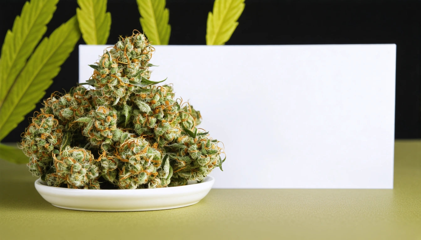 Dense cluster of green buds with orange hairs on a white plate, large leaves in background, white rectangle behind