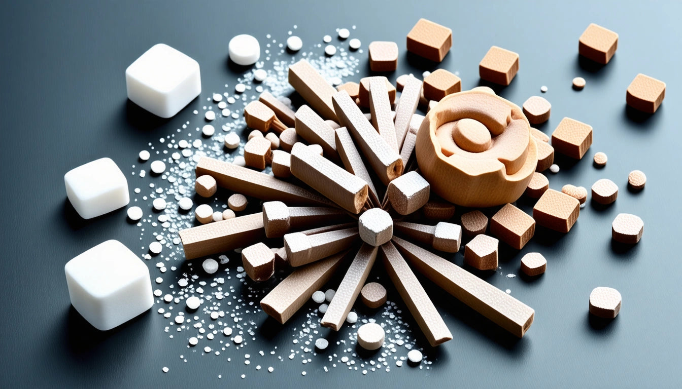 Assorted brown and white geometric shapes scattered on a dark surface, including cubes, cylinders, and circular forms