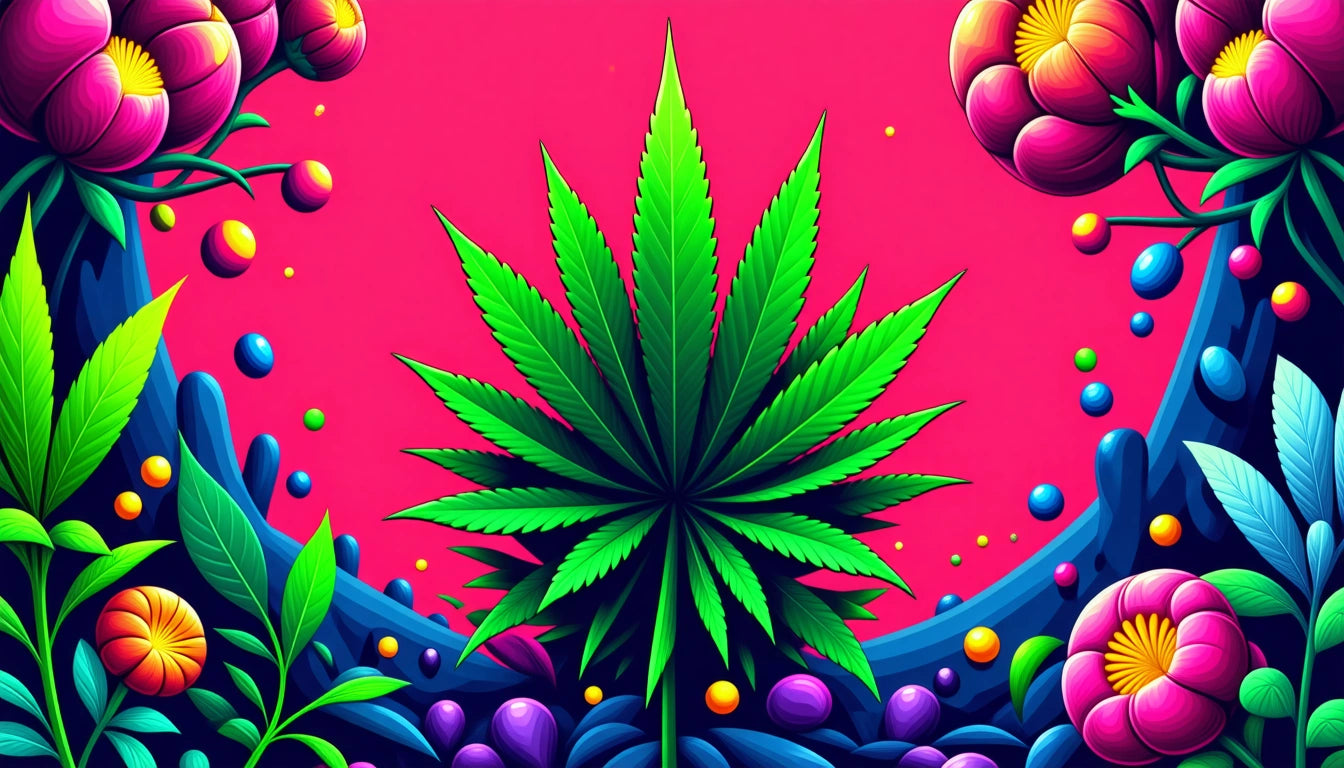 Green leaf with serrated edges centered on pink background, surrounded by colorful abstract flowers and spheres