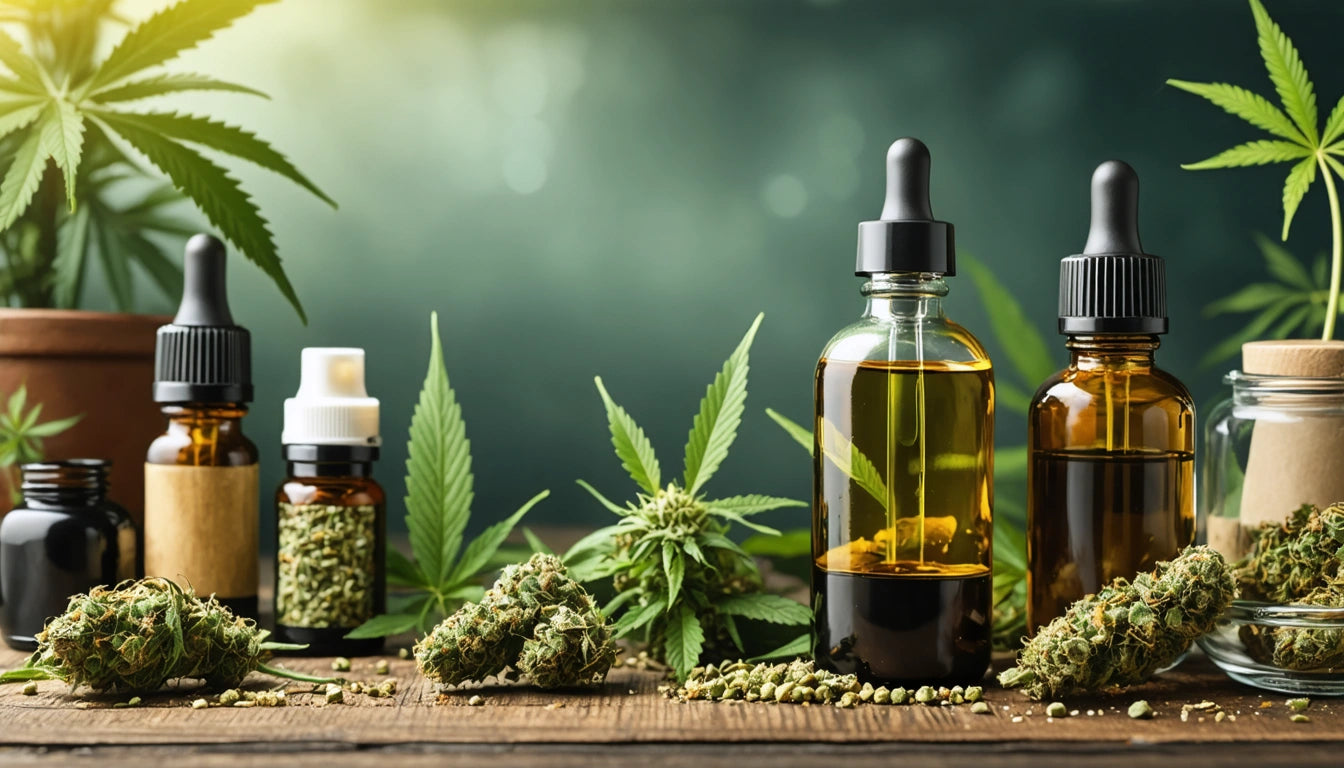 Glass dropper bottles with amber liquid, cannabis leaves, and buds on a wooden surface, soft green background