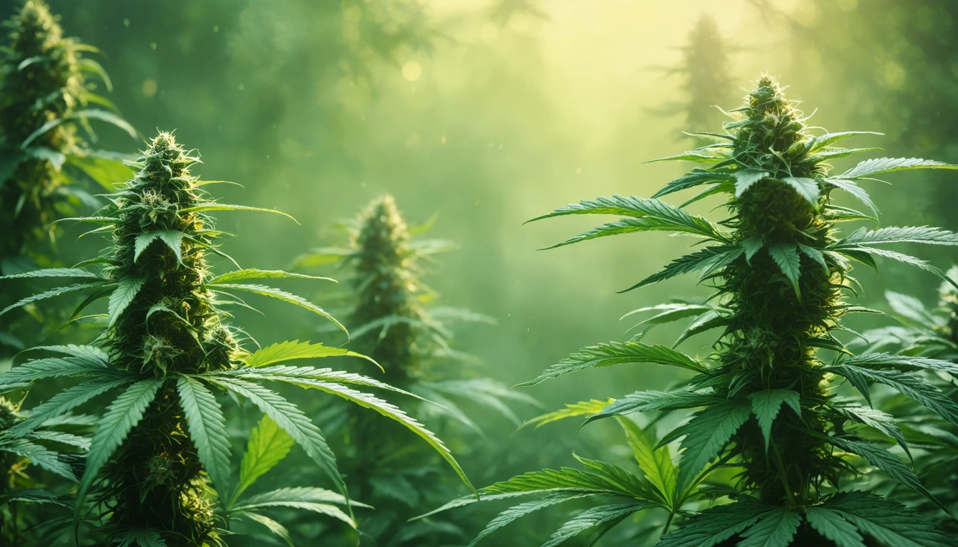 Sunlit green plants with pointed leaves and dense clusters, surrounded by a soft, hazy background