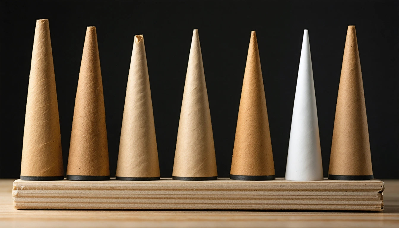 Seven conical paper shapes on a wooden base, six brown and one white, against a dark background