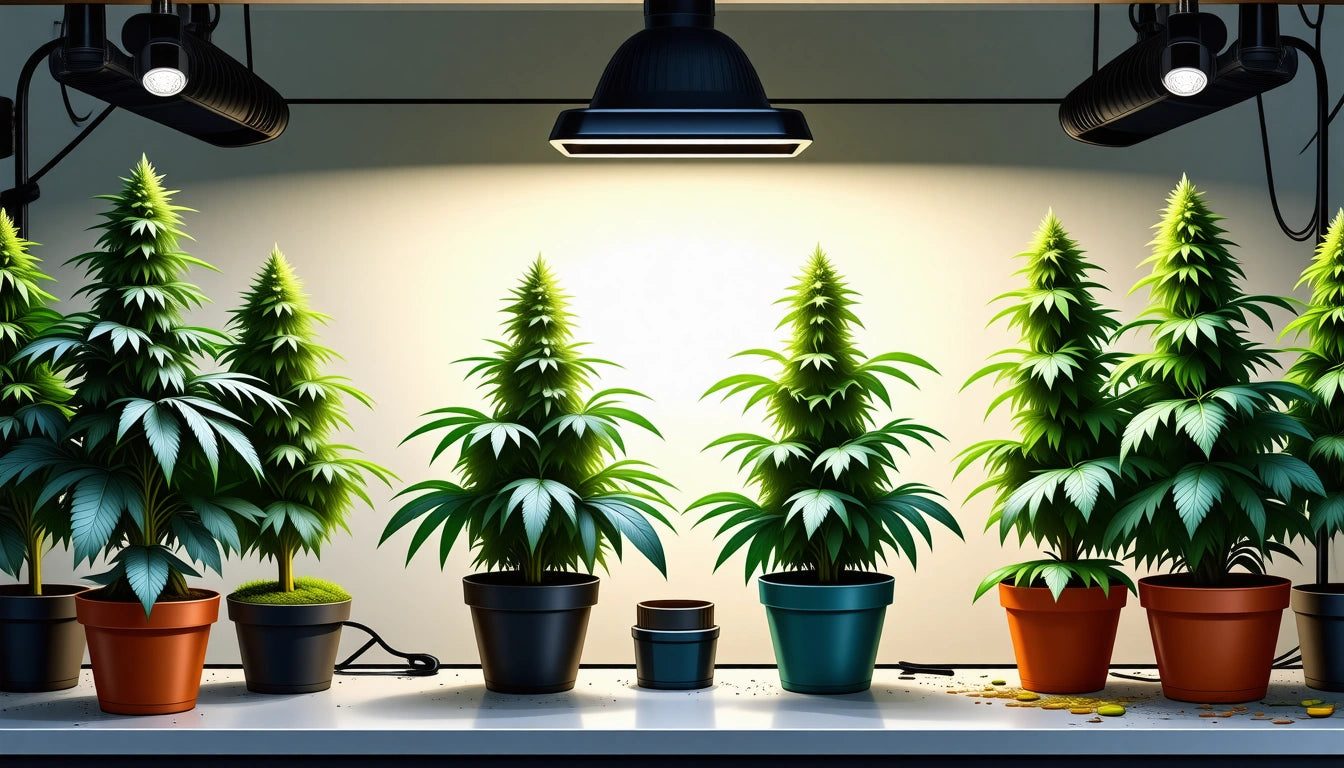 Five potted plants under bright overhead lights on a white shelf, with various pot colors including black, blue, and orange