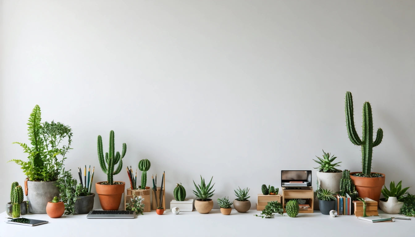 Various potted cacti and succulents on a white surface against a plain wall, with books and a small wooden shelf