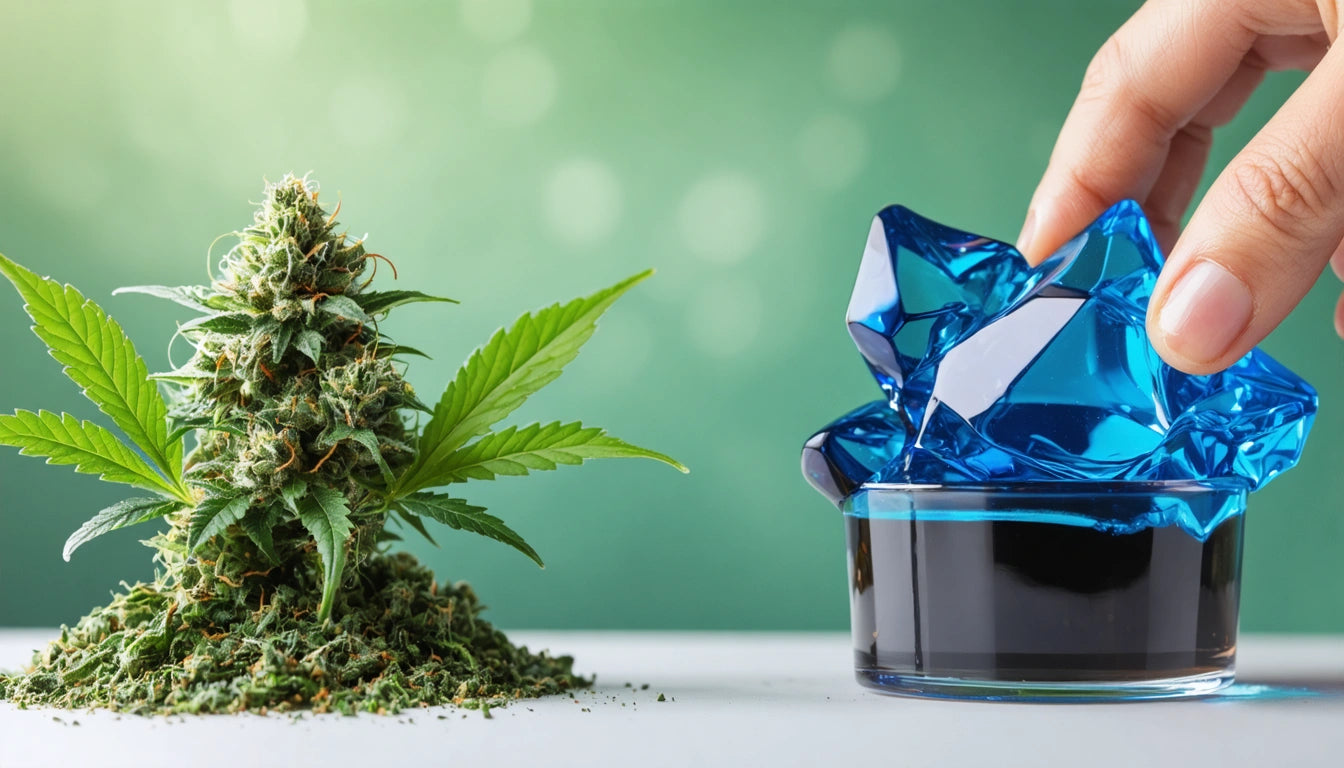 Hand holding blue crystal above small green plant with leaves on white surface, blurred green background